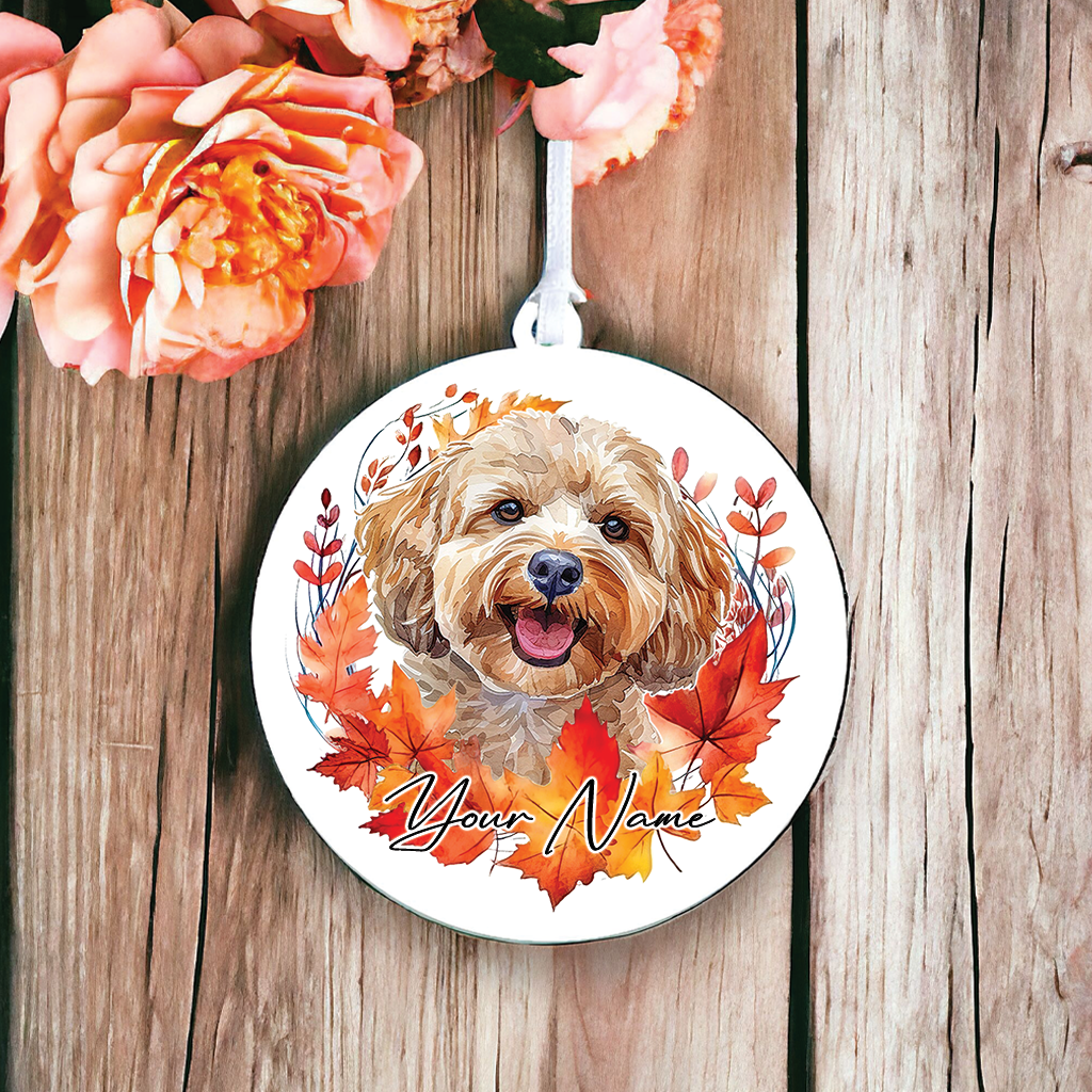 Personalised Dog Cockapoo in an autumn wreath - Keepsake Gift Hanging Decoration, by Floppsie Moppsie – floppsiemoppsie at floppsiemoppsie.co.uk