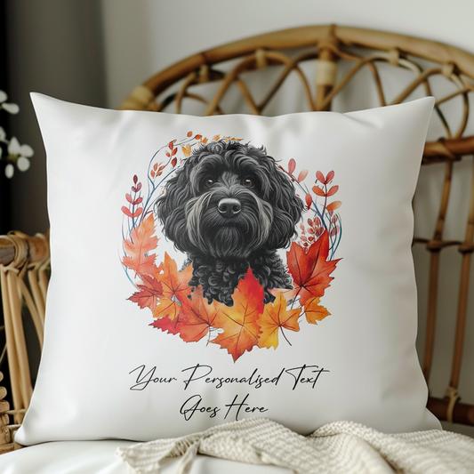 Personalised Black Cockapoo in an Autumn wreath - Keepsake Gift cushion, by Floppsie Moppsie – floppsiemoppsie at floppsiemoppsie.co.uk