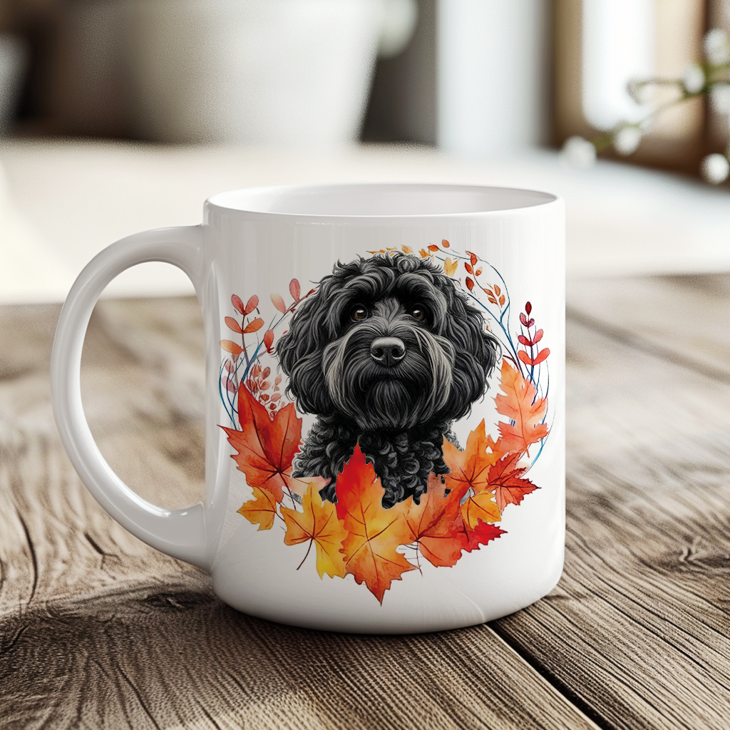 Personalised Black Cockapoo in an Autumn wreath - Keepsake Mug, ideal gift for Birthday and Christmas Gift, by Floppsie Moppsie – floppsiemoppsie at floppsiemoppsie.co.uk