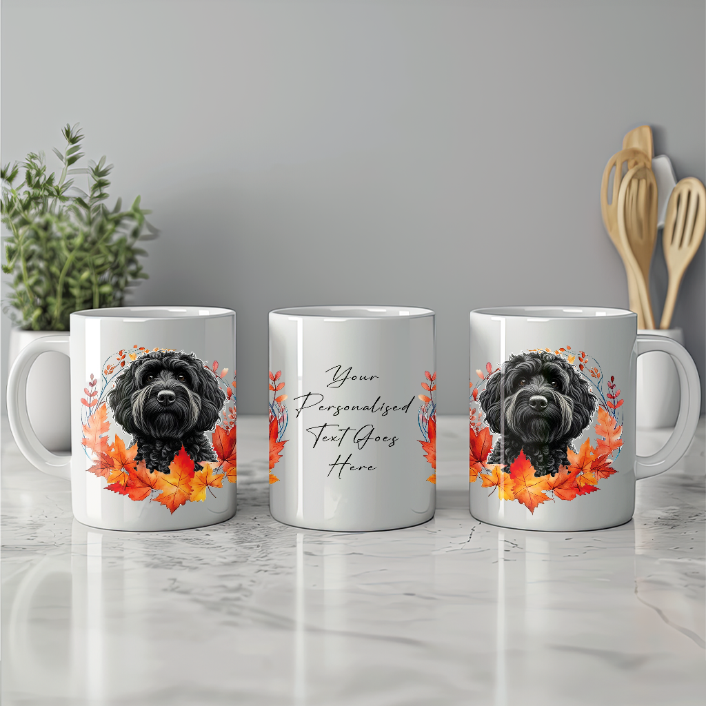 Personalised Black Cockapoo in an Autumn wreath - Keepsake Mug, ideal gift for Birthday and Christmas Gift, by Floppsie Moppsie – floppsiemoppsie at floppsiemoppsie.co.uk