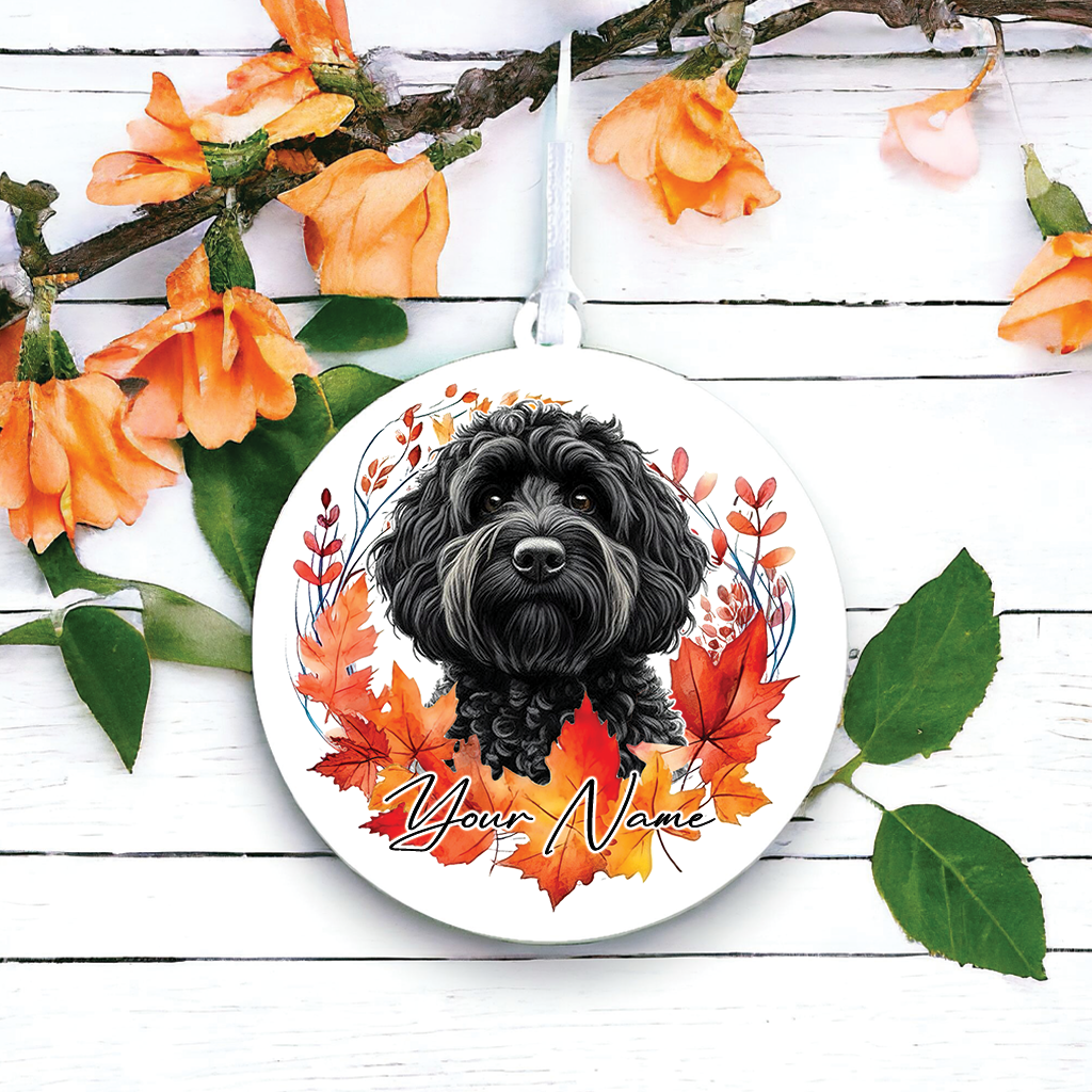 Personalised Dog Black Cockapoo in an autumn wreath - Keepsake Gift Hanging Decoration, by Floppsie Moppsie – floppsiemoppsie at floppsiemoppsie.co.uk