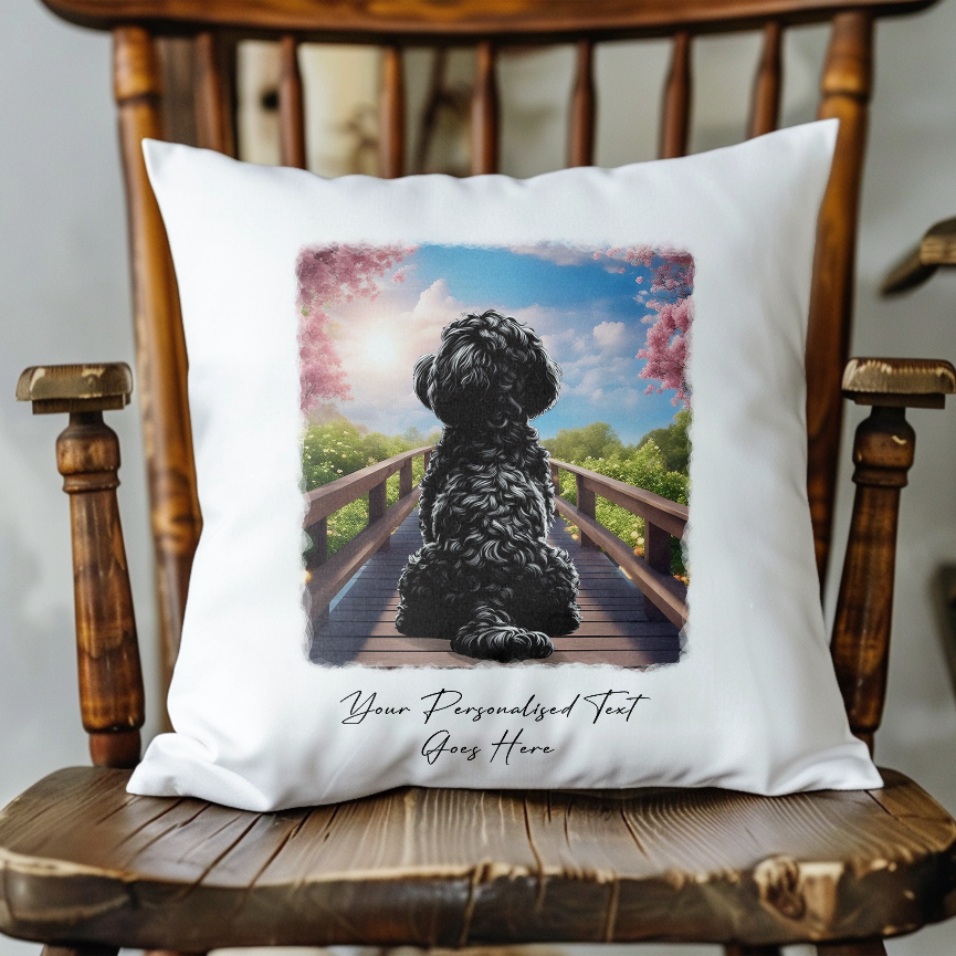 Personalised Black Cockapoo – Looking out across a Bridge Pet Gift Cushion, by Floppsie Moppsie – floppsiemoppsie at floppsiemoppsie.co.uk