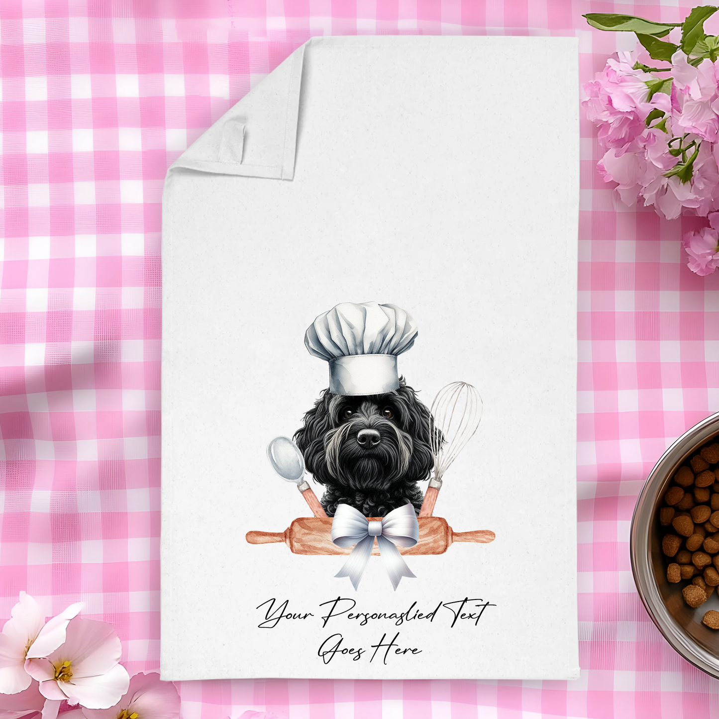 Personalised Dog In Chef Hat Gift Tea Towel - Black Cockapoo