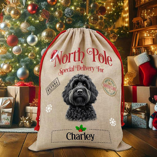 Personalised Dog Black Cockapoo – North Pole Special Delivery Santa Sack Pet Gift, by Floppsie Moppsie – floppsiemoppsie at floppsiemoppsie.co.uk