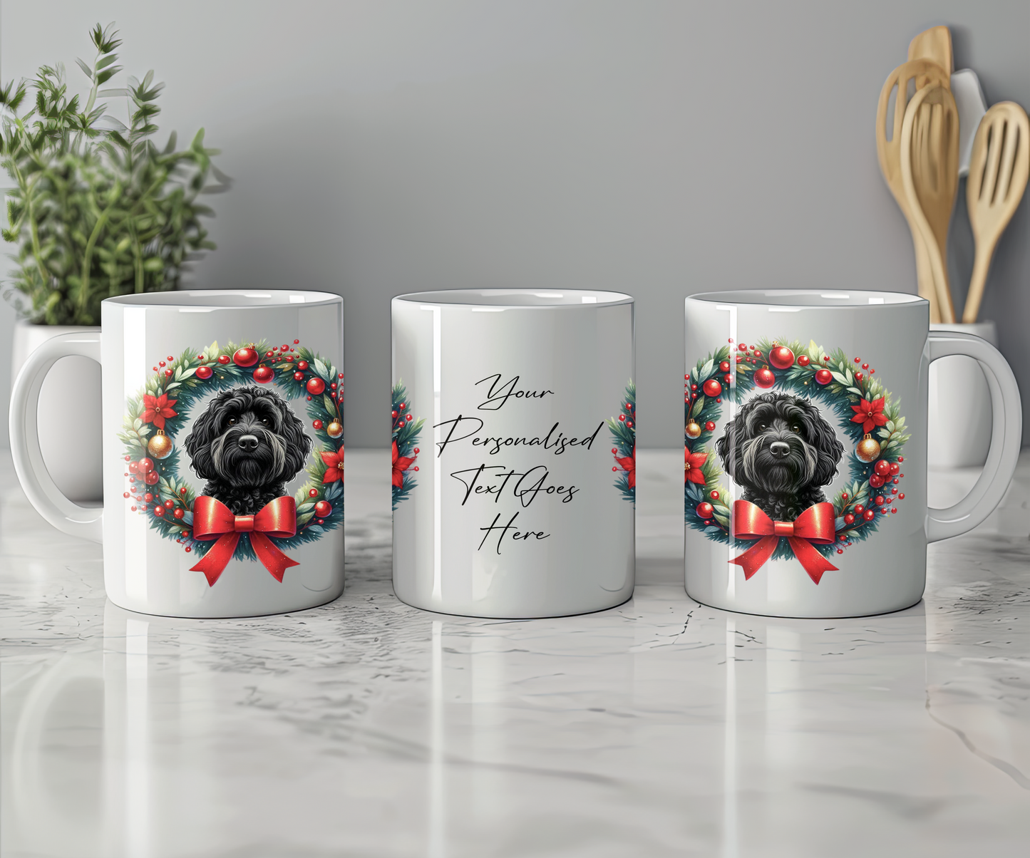 Personalised Black Cockapoo Dog Christmas Wreath Gift Mug