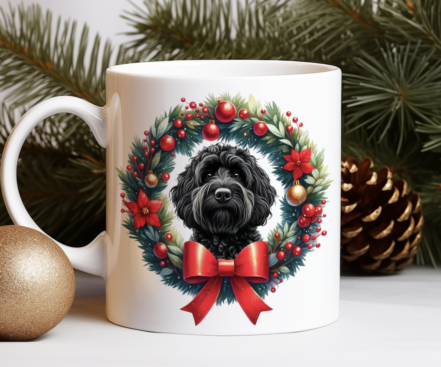 Personalised Black Cockapoo Dog Christmas Wreath Gift Mug