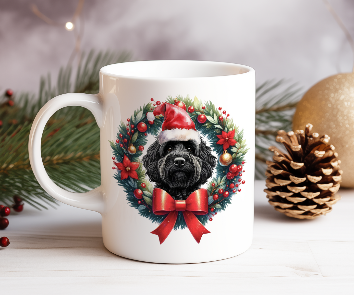 Personalised Black Cockapoo Dog Christmas Wreath Gift Mug