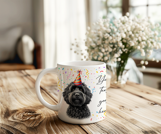 Personalised Dog Gift Mug - Black Cockapoo with Birthday Congratulations Party Hat