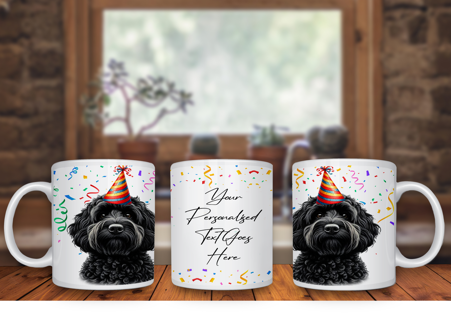 Personalised Dog Gift Mug - Black Cockapoo with Birthday Congratulations Party Hat