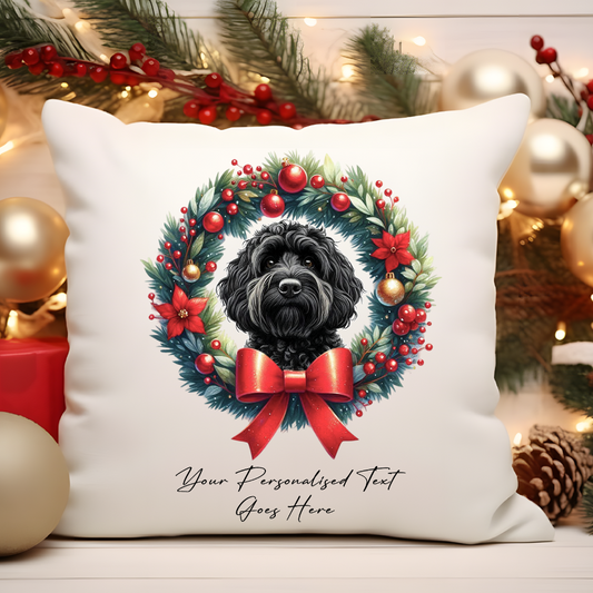 Personalised Black Cockapoo in a Christmas wreath - Keepsake Gift cushion, by Floppsie Moppsie – floppsiemoppsie at floppsiemoppsie.co.uk