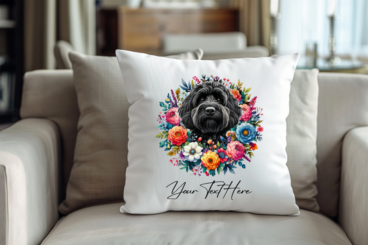 Personalised Floral Summer Pet Dog Wreath with Black Cockapoo - Keepsake Gift Cushion, by Floppsie Moppsie – floppsiemoppsie at floppsiemoppsie.co.uk