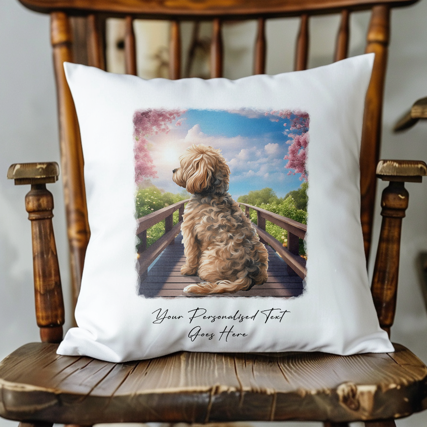 Personalised Cockapoo – Looking out across a Bridge Pet Gift Cushion, by Floppsie Moppsie – floppsiemoppsie at floppsiemoppsie.co.uk