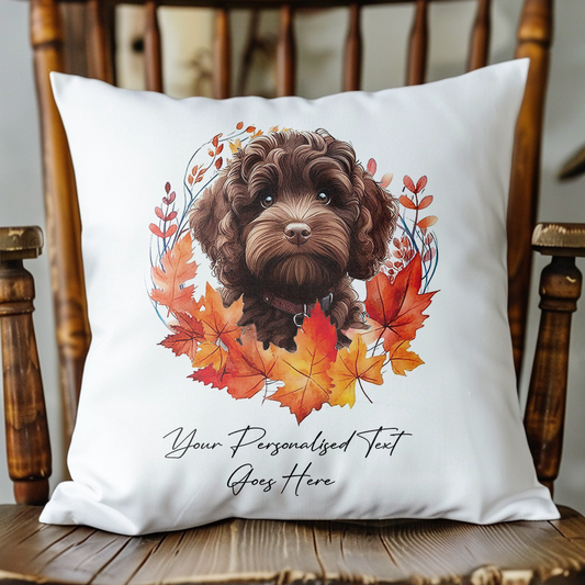 Personalised Chocolate Cockapoo in an Autumn wreath - Keepsake Gift cushion, by Floppsie Moppsie – floppsiemoppsie at floppsiemoppsie.co.uk