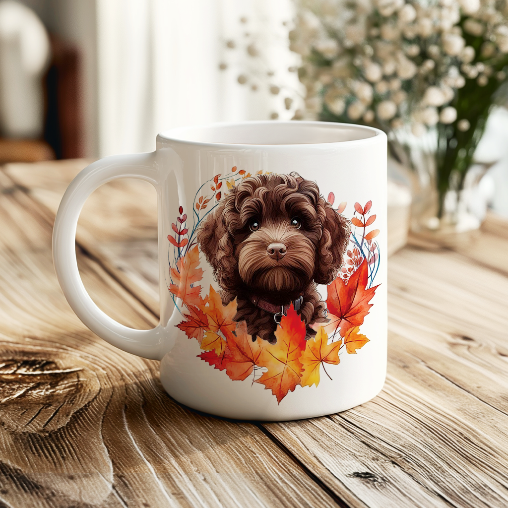 Personalised Chocolate Cockapoo in an Autumn wreath - Keepsake Mug, ideal gift for Birthday and Christmas Gift, by Floppsie Moppsie – floppsiemoppsie at floppsiemoppsie.co.uk