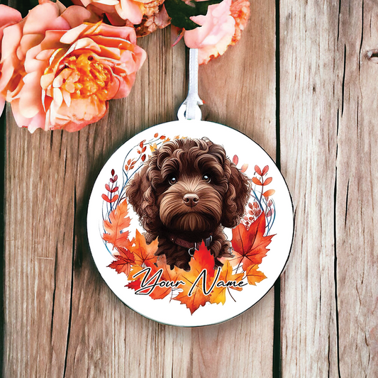 Personalised Dog Chocolate Cockapoo in an autumn wreath - Keepsake Gift Hanging Decoration, by Floppsie Moppsie – floppsiemoppsie at floppsiemoppsie.co.uk