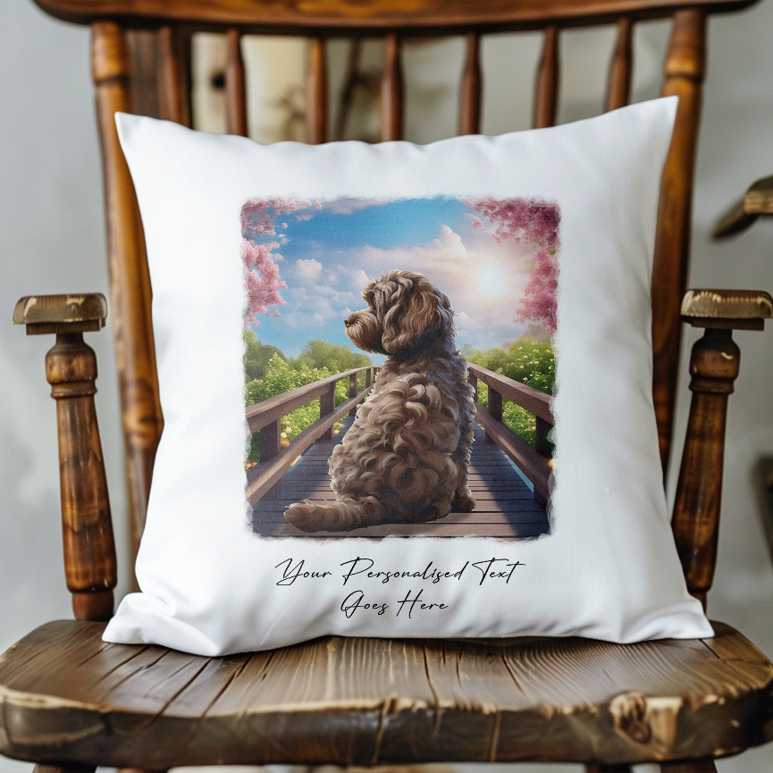 Personalised Chocolate Cockapoo – Looking out across a Bridge Pet Gift Cushion, by Floppsie Moppsie – floppsiemoppsie at floppsiemoppsie.co.uk