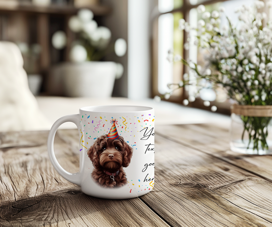 Personalised Dog Gift Mug - Chocolate Cockapoo with Birthday Congratulations Party Hat