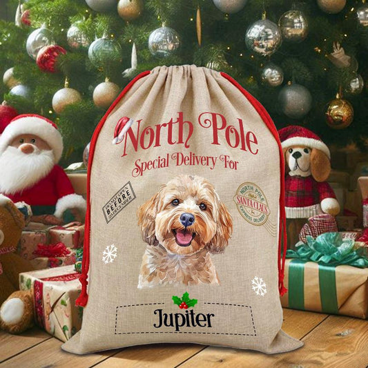 Personalised Dog Cockapoo – North Pole Special Delivery Santa Sack Pet Gift, by Floppsie Moppsie – floppsiemoppsie at floppsiemoppsie.co.uk