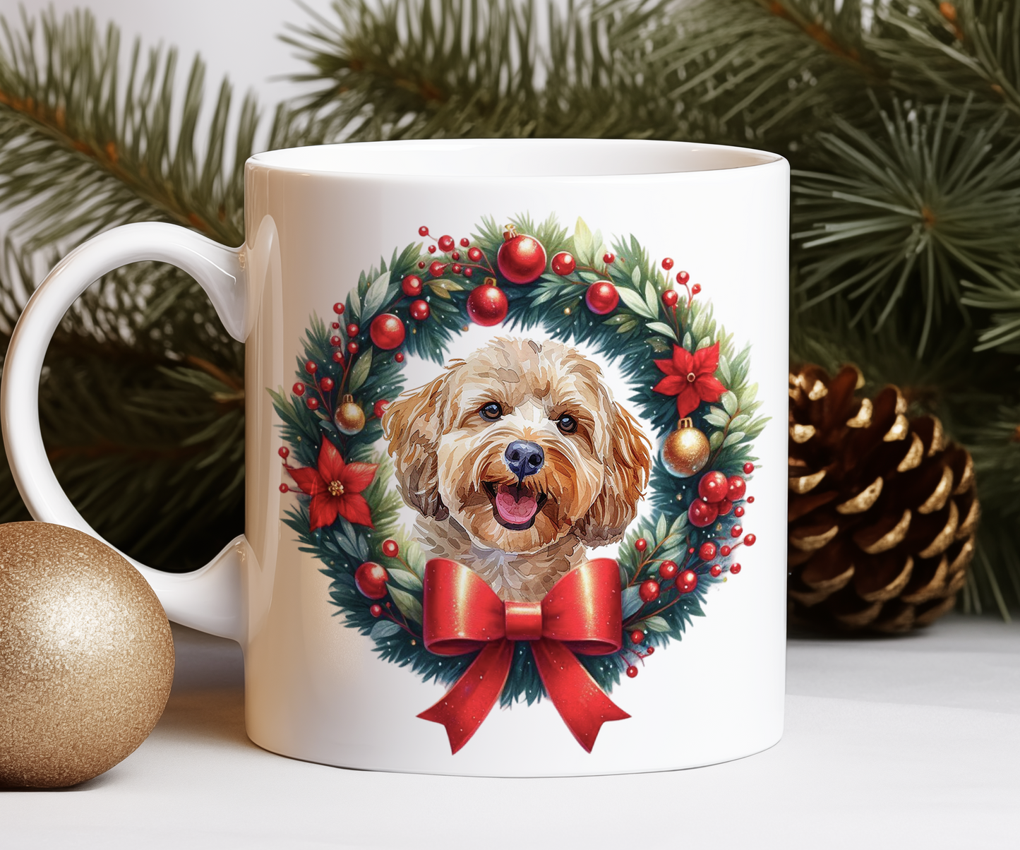 Personalised Cockapoo Dog Christmas Wreath Gift Mug