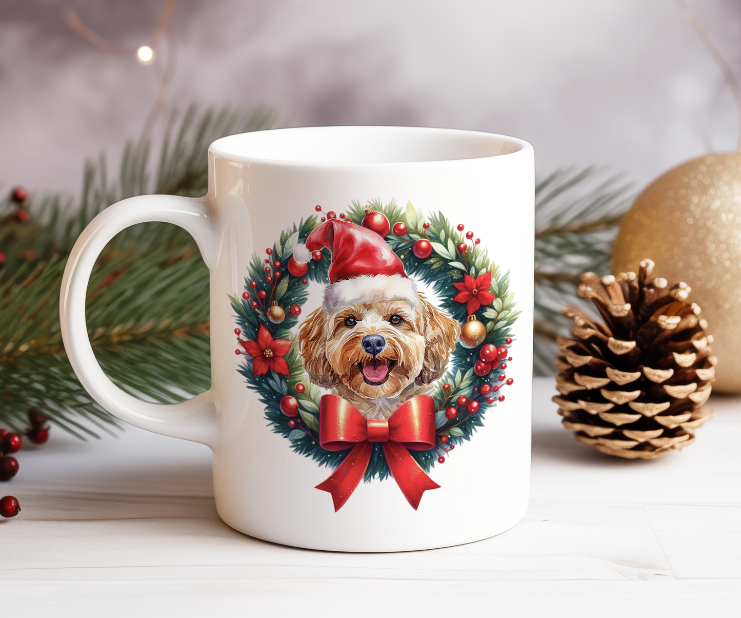 Personalised Cockapoo Dog Christmas Wreath Gift Mug