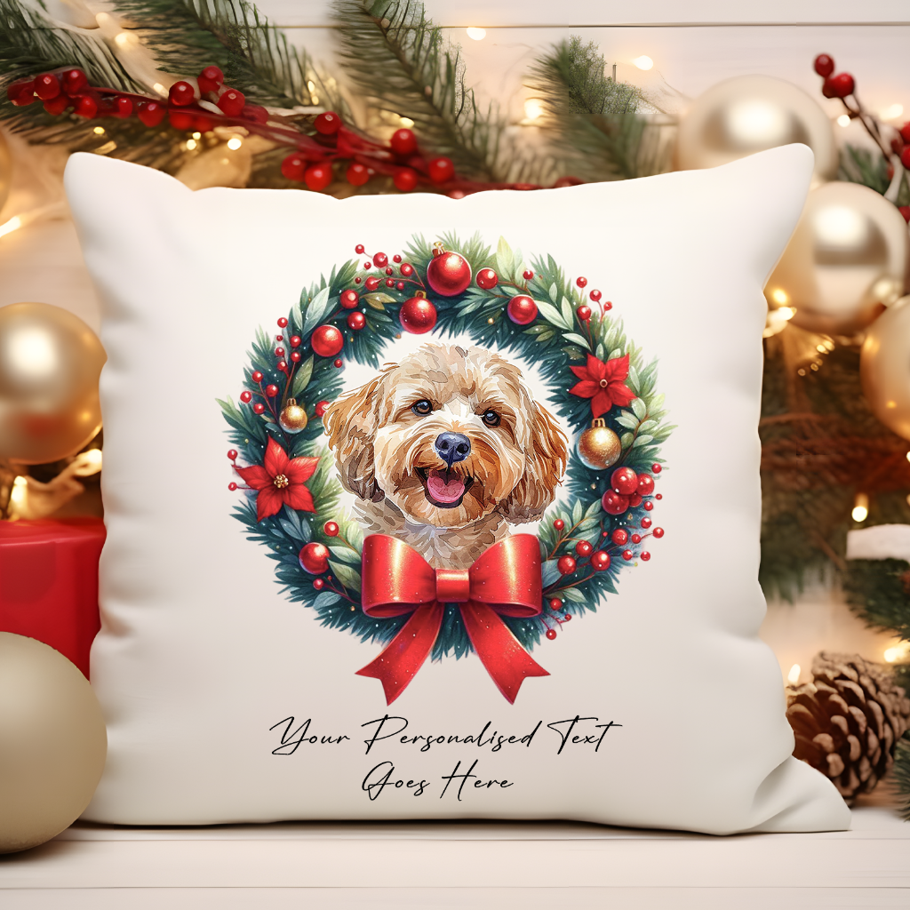 Personalised Cockapoo in a Christmas wreath - Keepsake Gift cushion, by Floppsie Moppsie – floppsiemoppsie at floppsiemoppsie.co.uk