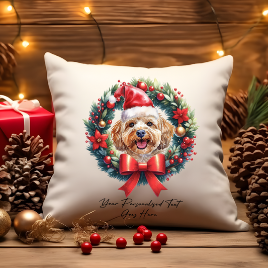 Personalised Cockapoo with Santa Hat in a Christmas wreath - Keepsake Gift cushion, by Floppsie Moppsie – floppsiemoppsie at floppsiemoppsie.co.uk