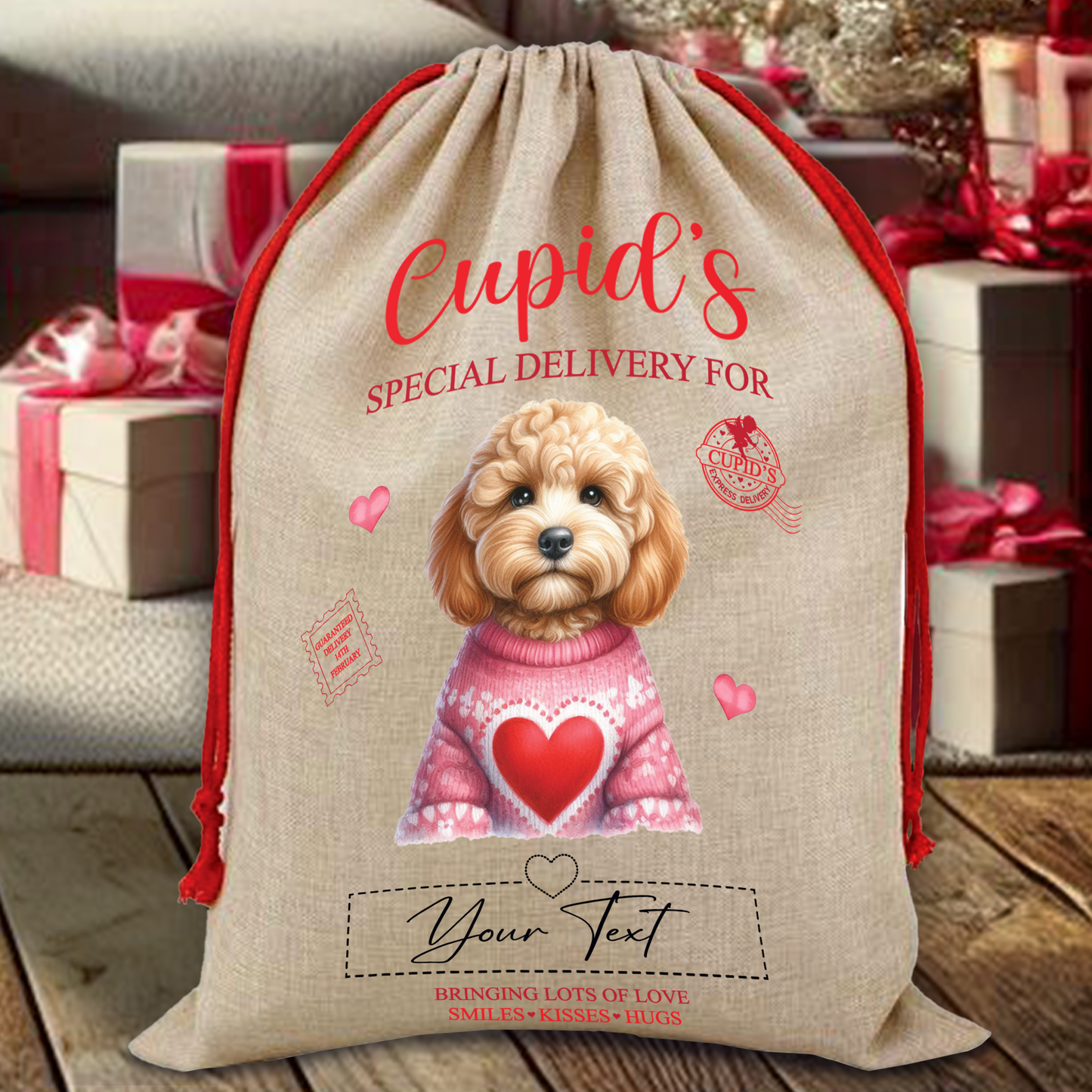 Personalised Dog Love Heart Valentine Anniversary Gift Sack - Cockapoo