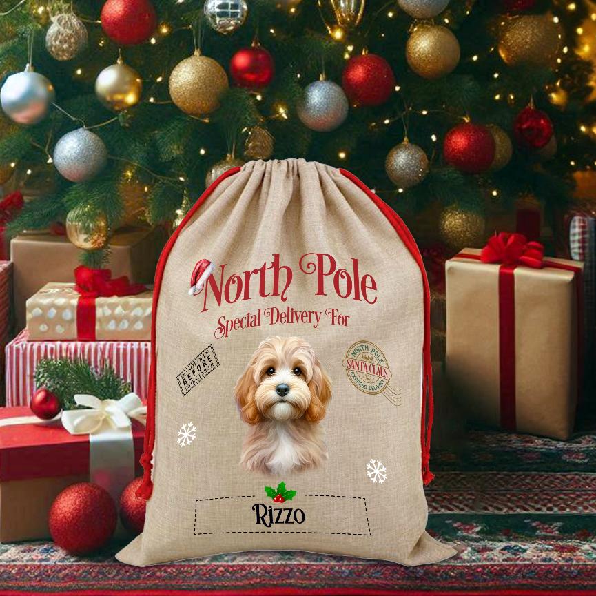 Personalised Dog Cockapoo – North Pole Special Delivery Santa Sack Pet Gift, by Floppsie Moppsie – floppsiemoppsie at floppsiemoppsie.co.uk