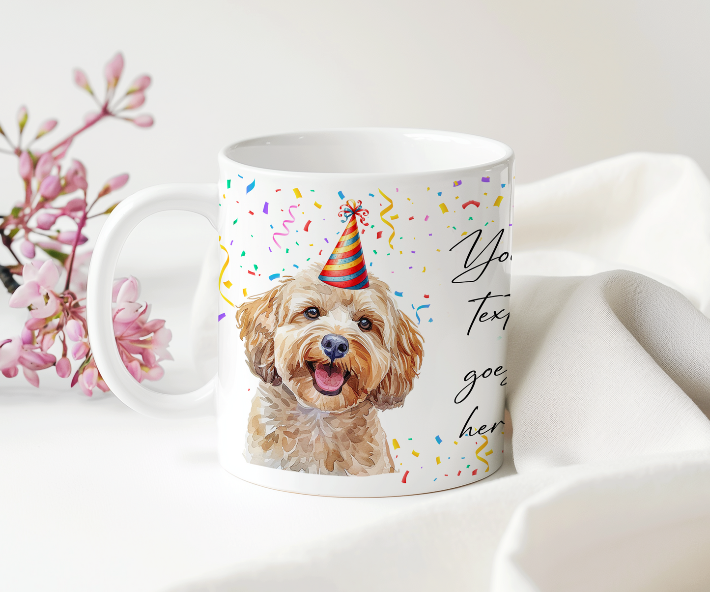 Personalised Dog Gift Mug - Cockapoo with Birthday Congratulations Party Hat