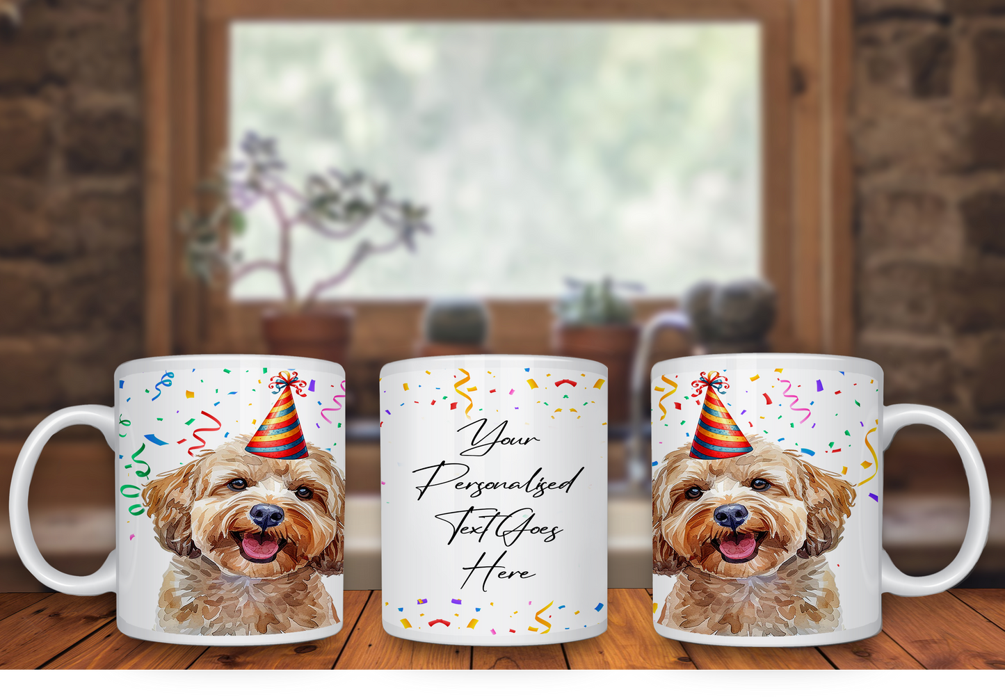 Personalised Dog Gift Mug - Cockapoo with Birthday Congratulations Party Hat