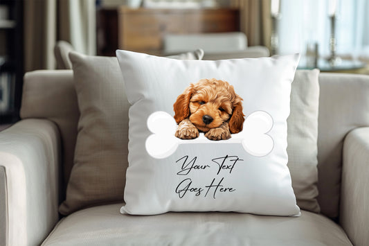 Personalised Cockapoo sleeping on a bone Pet Dog Keepsake Gift Cushion, by Floppsie Moppsie – floppsiemoppsie at floppsiemoppsie.co.uk