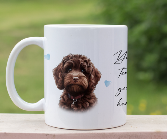 Personalised Dog Gift Mug - Chocolate Cockapoo with Custom Message and Optional Hearts