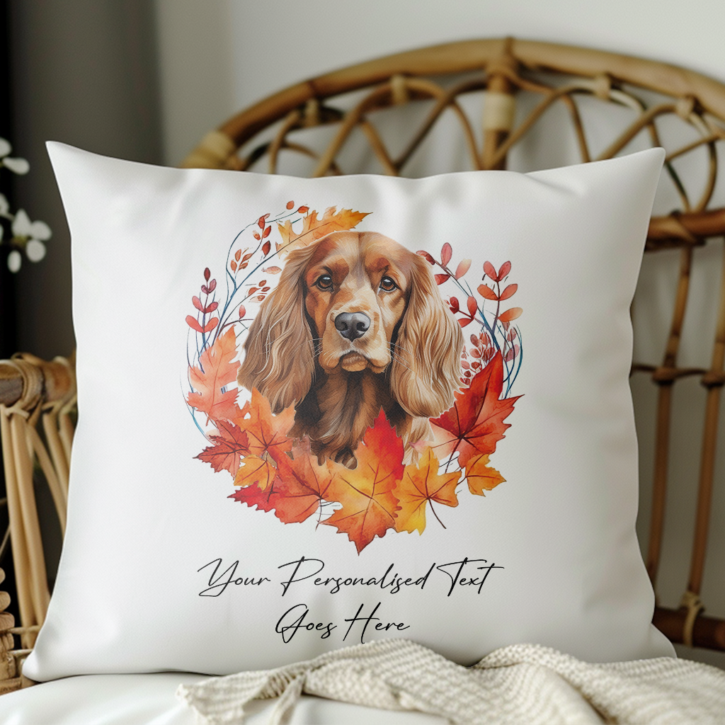 Personalised Cocker Spaniel in an Autumn wreath - Keepsake Gift cushion, by Floppsie Moppsie – floppsiemoppsie at floppsiemoppsie.co.uk