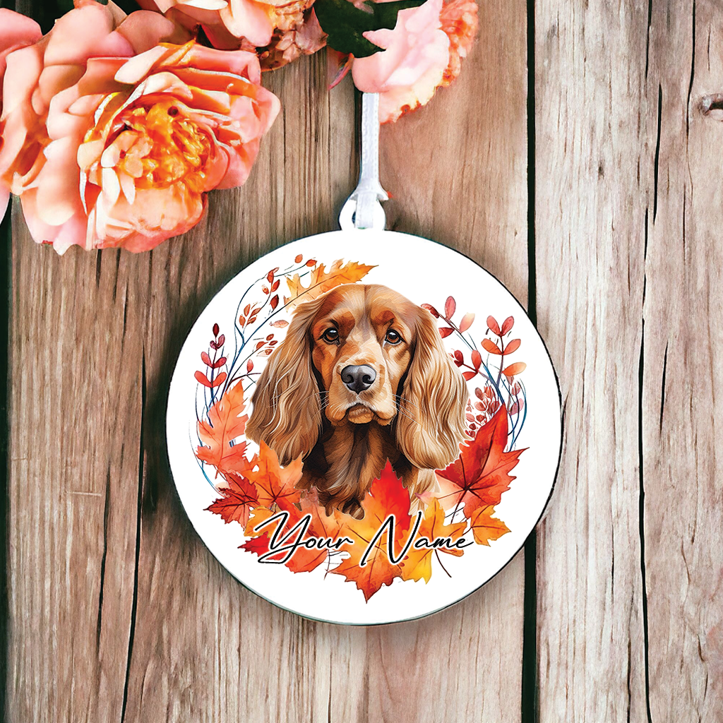 Personalised Dog Cocker Spaniel in an autumn wreath - Keepsake Gift Hanging Decoration, by Floppsie Moppsie – floppsiemoppsie at floppsiemoppsie.co.uk