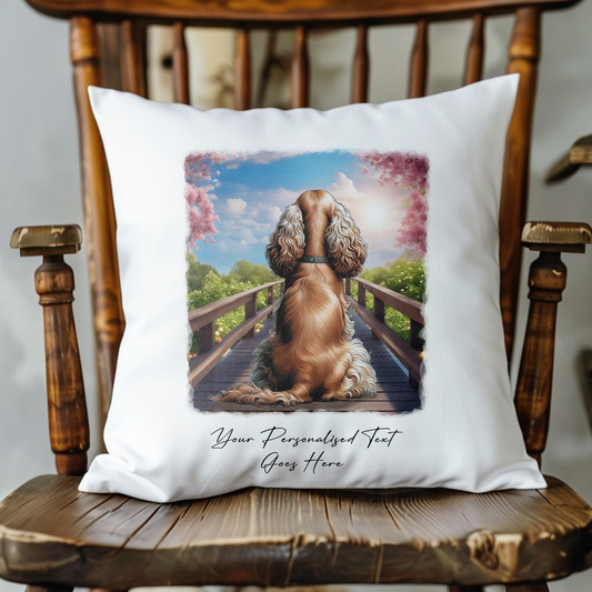 Personalised Cocker Spaniel – Looking out across a Bridge Pet Gift Cushion, by Floppsie Moppsie – floppsiemoppsie at floppsiemoppsie.co.uk