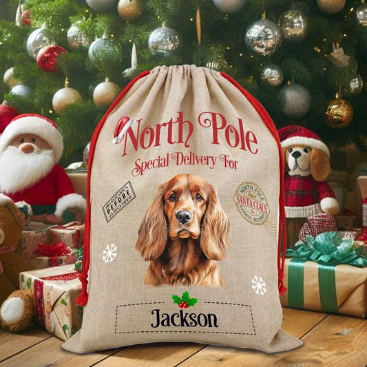 Personalised Dog Cocker Spaniel – North Pole Special Delivery Santa Sack Pet Gift, by Floppsie Moppsie – floppsiemoppsie at floppsiemoppsie.co.uk