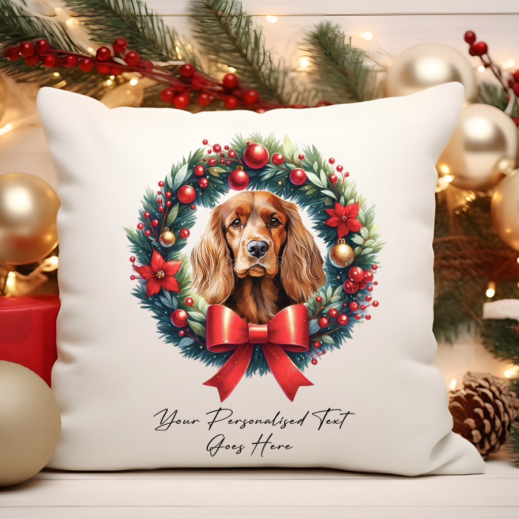 Personalised Cocker Spaniel in a Christmas wreath - Keepsake Gift cushion, by Floppsie Moppsie – floppsiemoppsie at floppsiemoppsie.co.uk