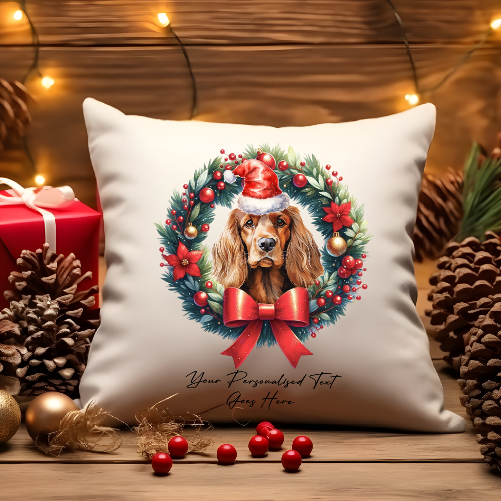 Personalised Cocker Spaniel with Santa Hat in a Christmas wreath - Keepsake Gift cushion, by Floppsie Moppsie – floppsiemoppsie at floppsiemoppsie.co.uk