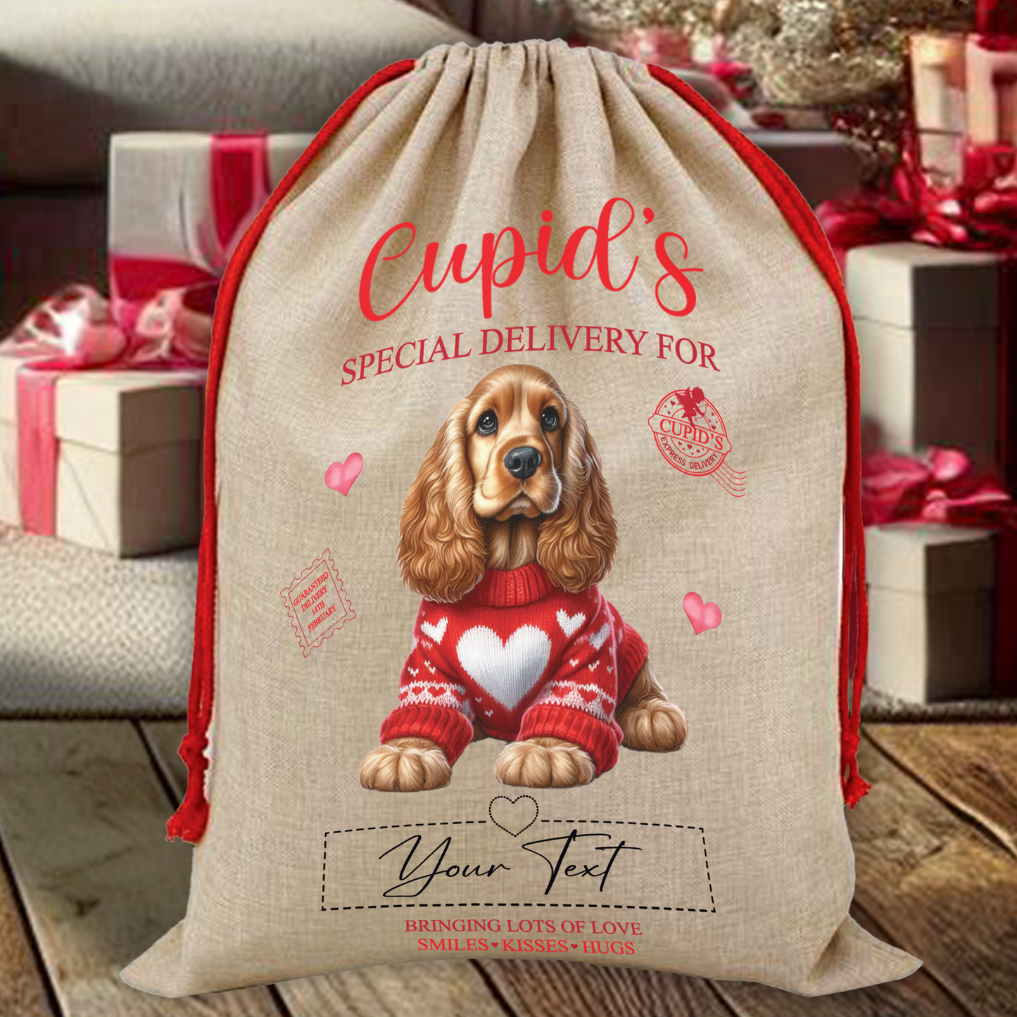 Personalised Dog Love Heart Valentine Anniversary Gift Sack - Cocker Spaniel