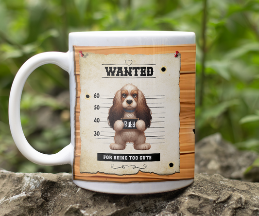 Personalised WANTED Pet Dog mug of a cute Cocker Spaniel on a wanted poster - Keepsake Gift, by Floppsie Moppsie – floppsiemoppsie at floppsiemoppsie.co.uk