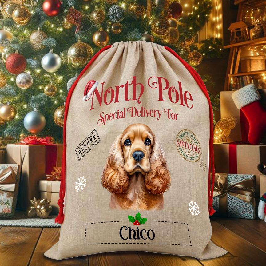 Personalised Dog Cocker Spaniel – North Pole Special Delivery Santa Sack Pet Gift, by Floppsie Moppsie – floppsiemoppsie at floppsiemoppsie.co.uk