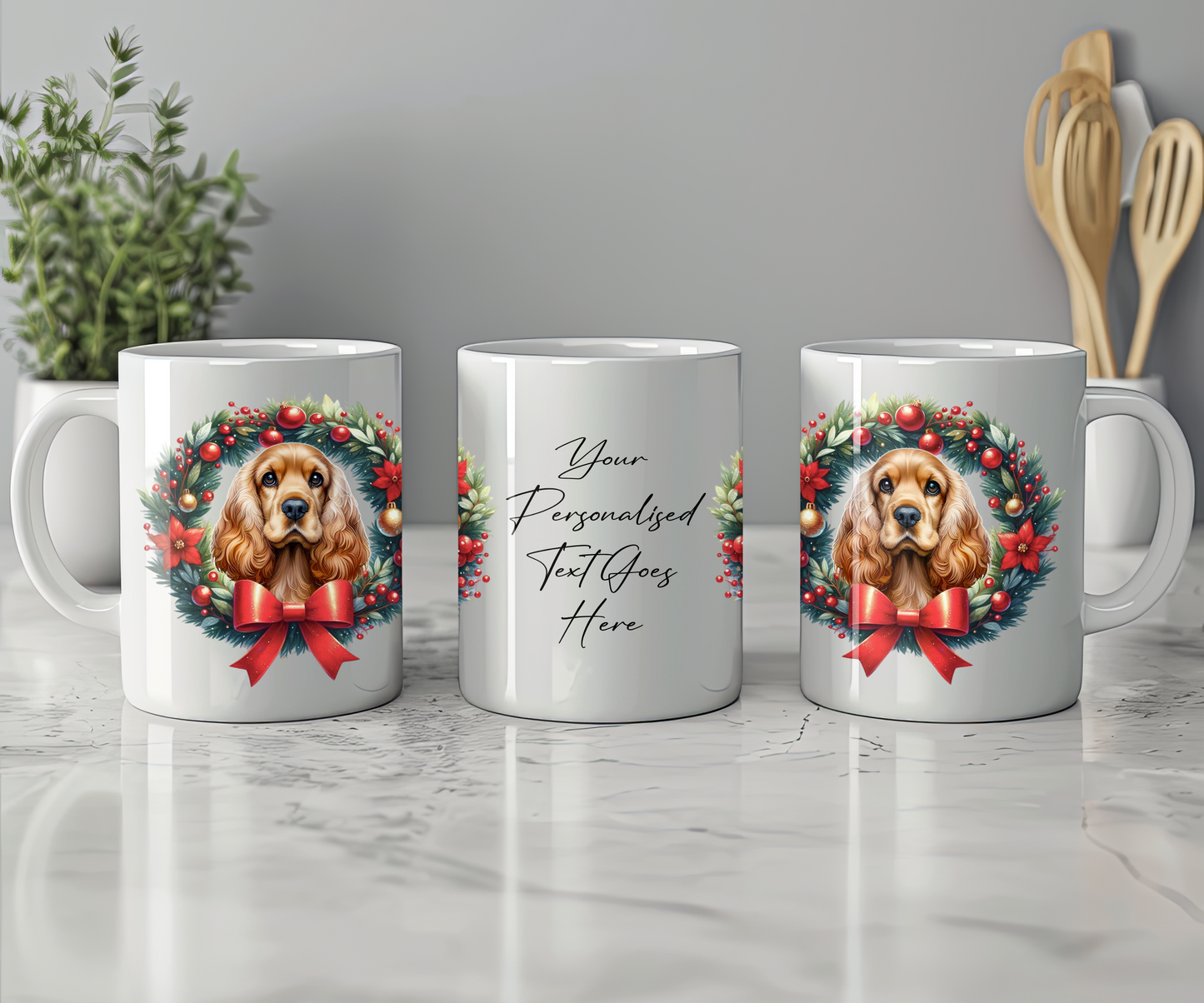 Personalised Cocker Spaniel Dog Christmas Wreath Gift Mug - Style B