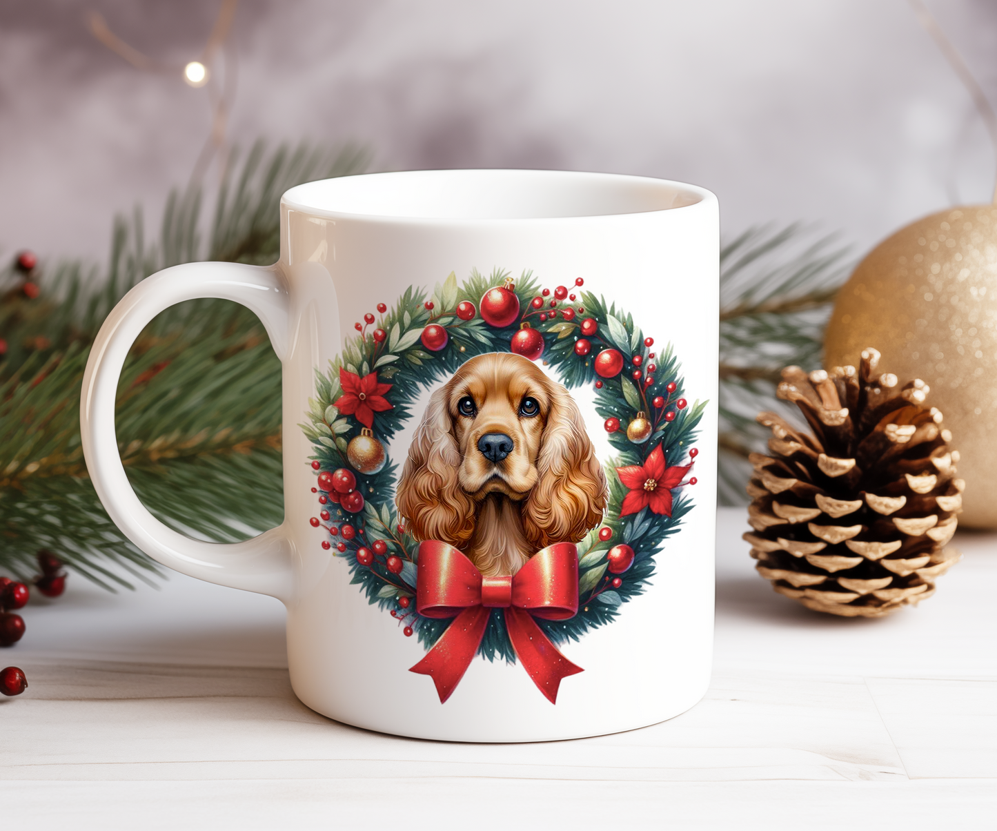 Personalised Cocker Spaniel Dog Christmas Wreath Gift Mug - Style B