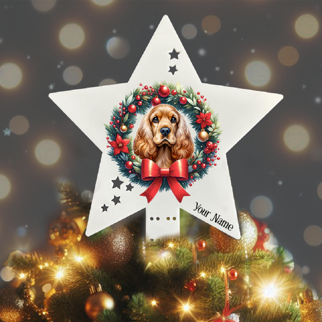 Personalised Pet Dog Cocker Spaniel wreath Christmas Tree Topper - Keepsake Gift, by Floppsie Moppsie – floppsiemoppsie at floppsiemoppsie.co.uk