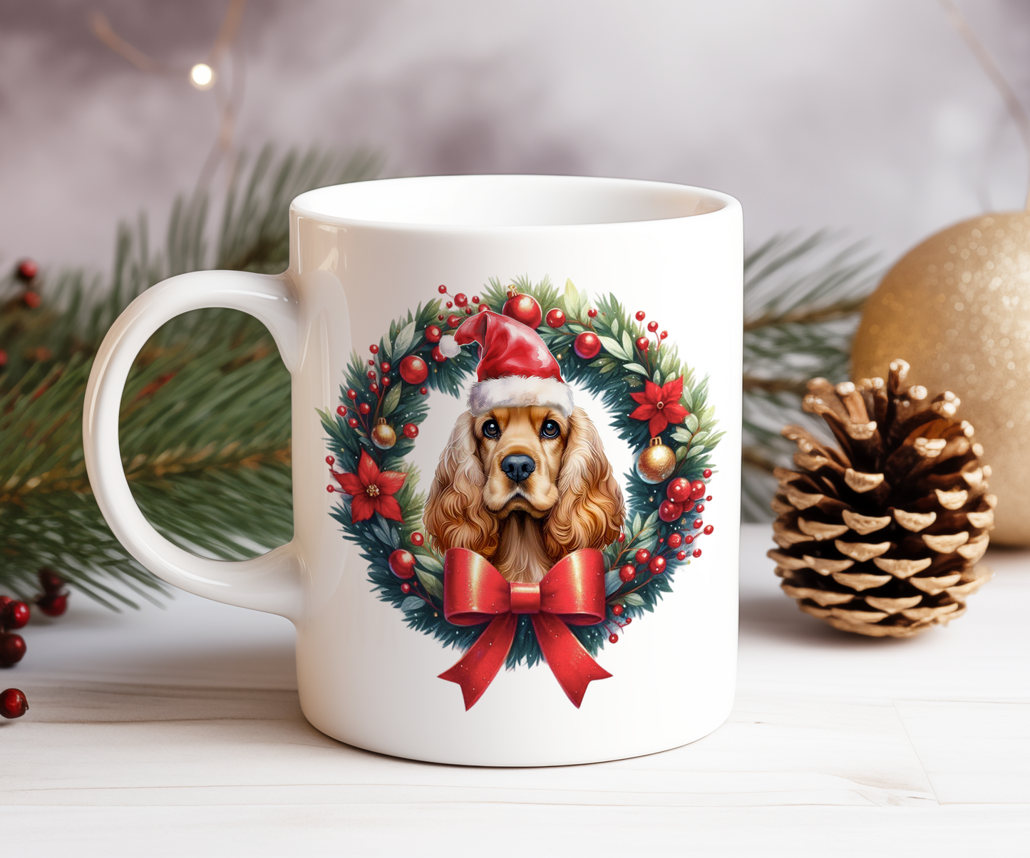 Personalised Cocker Spaniel Dog Christmas Wreath Gift Mug - Style B