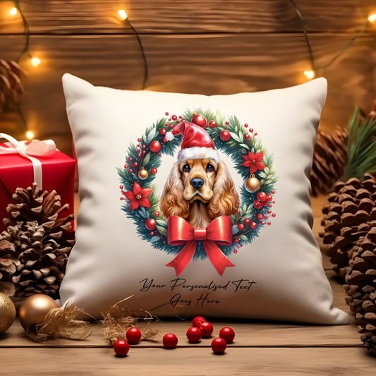 Personalised Cocker Spaniel with Santa Hat in a Christmas wreath - Keepsake Gift cushion, by Floppsie Moppsie – floppsiemoppsie at floppsiemoppsie.co.uk