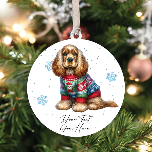 A Personalised Cocker Spaniel Jumper Dog Hanging Bauble Decoration