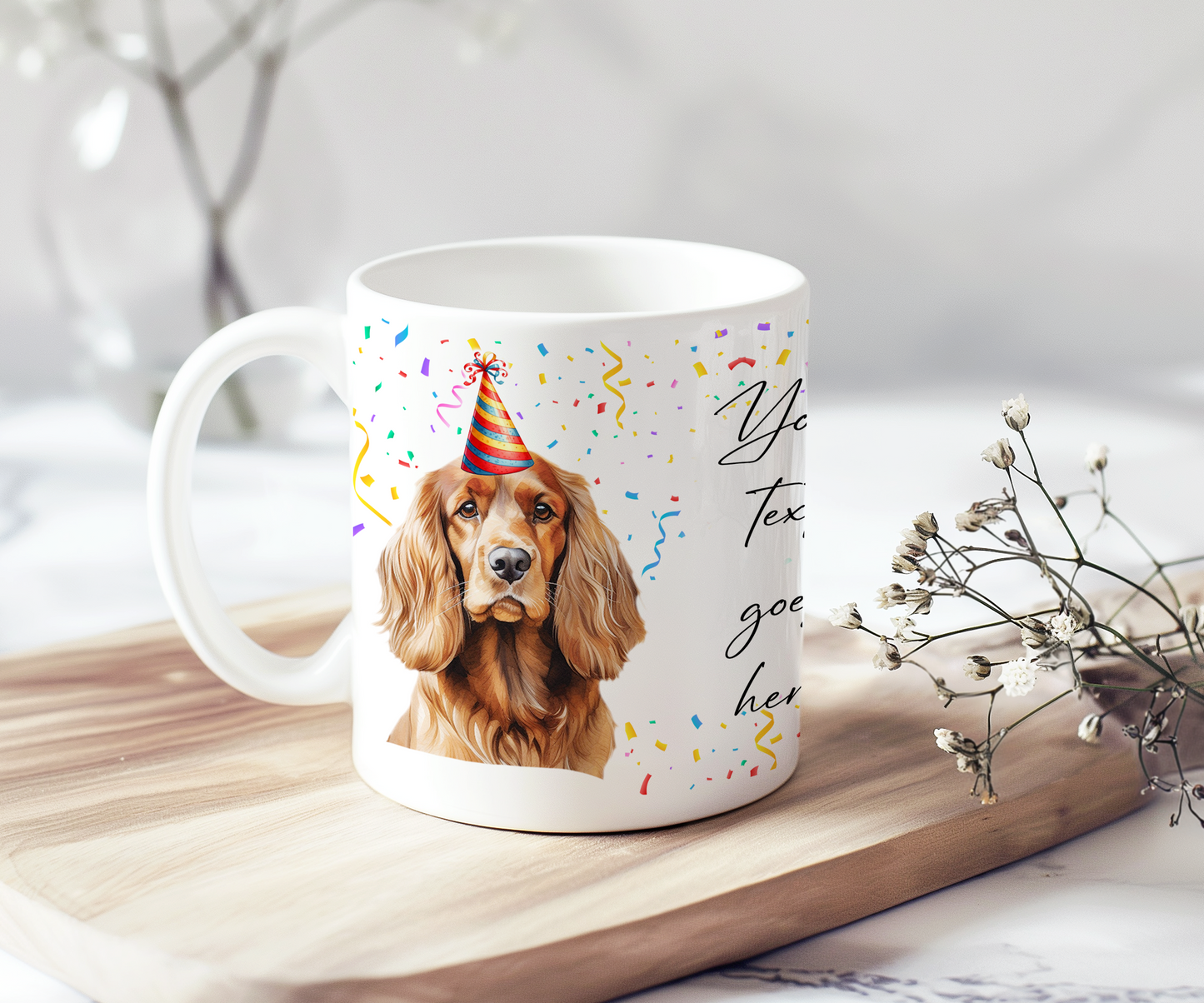 Personalised Dog Gift Mug - Cocker Spaniel with Birthday Congratulations Party Hat