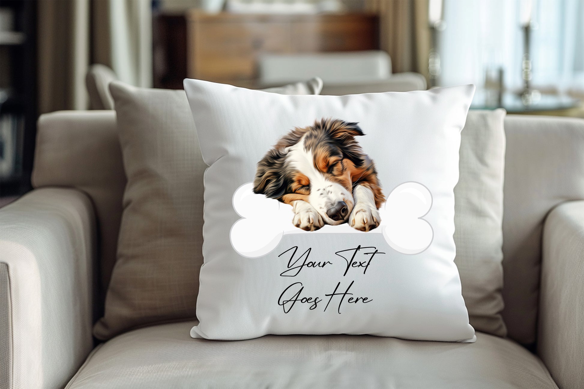 Personalised Collie sleeping on a bone Pet Dog Keepsake Gift Cushion, by Floppsie Moppsie – floppsiemoppsie at floppsiemoppsie.co.uk