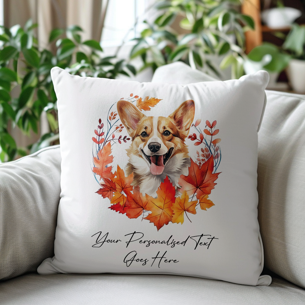 Personalised Corgi in an Autumn wreath - Keepsake Gift cushion, by Floppsie Moppsie – floppsiemoppsie at floppsiemoppsie.co.uk